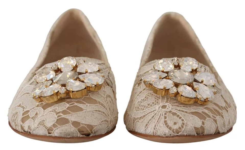 Chaussures Ballerines Mocassins en Dentelle Beige et Cristal Dolce & Gabbana