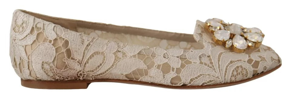 Chaussures Ballerines Mocassins en Dentelle Beige et Cristal Dolce & Gabbana