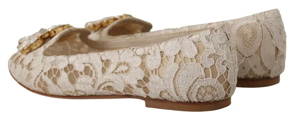 Chaussures Ballerines Mocassins en Dentelle Beige et Cristal Dolce & Gabbana
