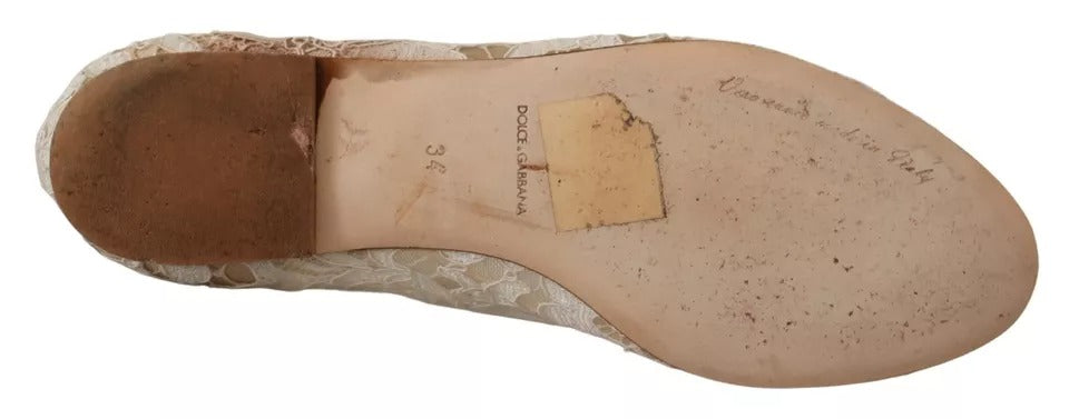 Chaussures Ballerines Mocassins en Dentelle Beige et Cristal Dolce & Gabbana