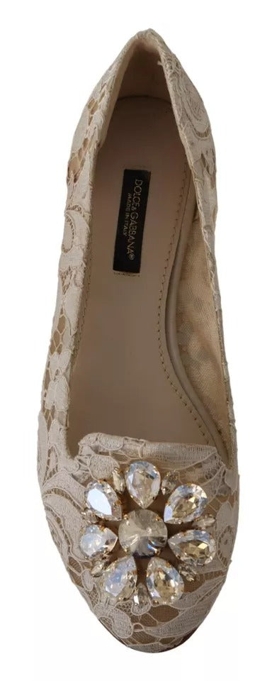 Chaussures Ballerines Mocassins en Dentelle Beige et Cristal Dolce & Gabbana