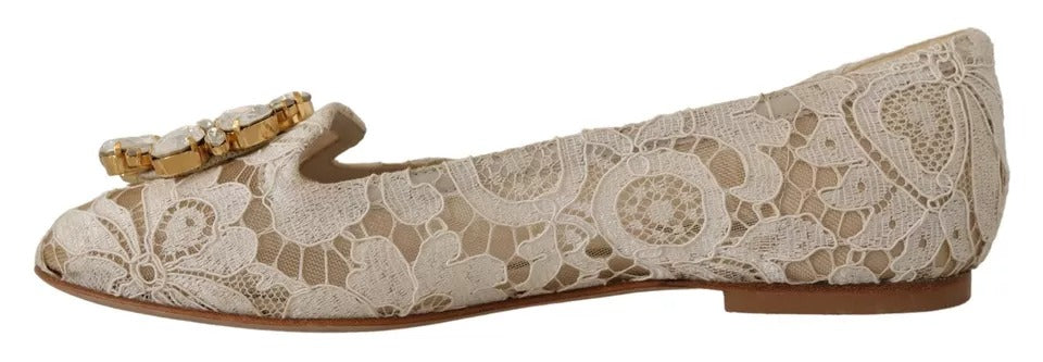 Chaussures Ballerines Mocassins en Dentelle Beige et Cristal Dolce & Gabbana