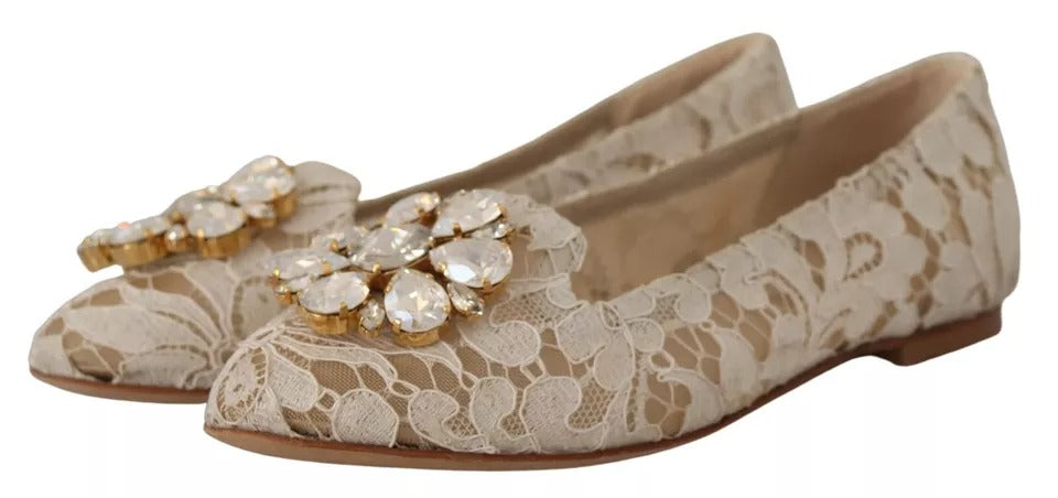 Chaussures Ballerines Mocassins en Dentelle Beige et Cristal Dolce & Gabbana