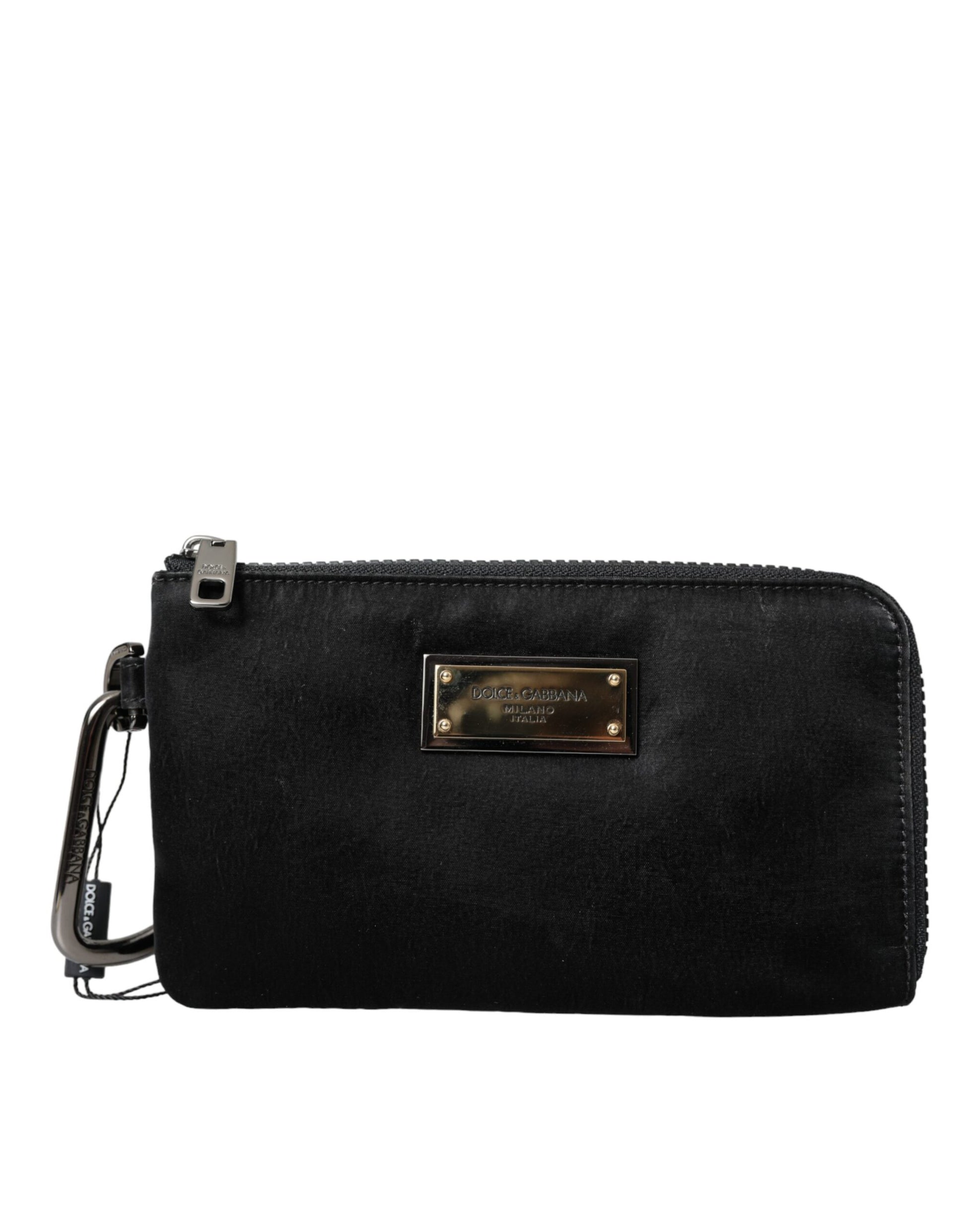Dolce &amp; Gabbana – Schwarze Clutch aus Nylon mit Logo-Schild und Schlüsselring