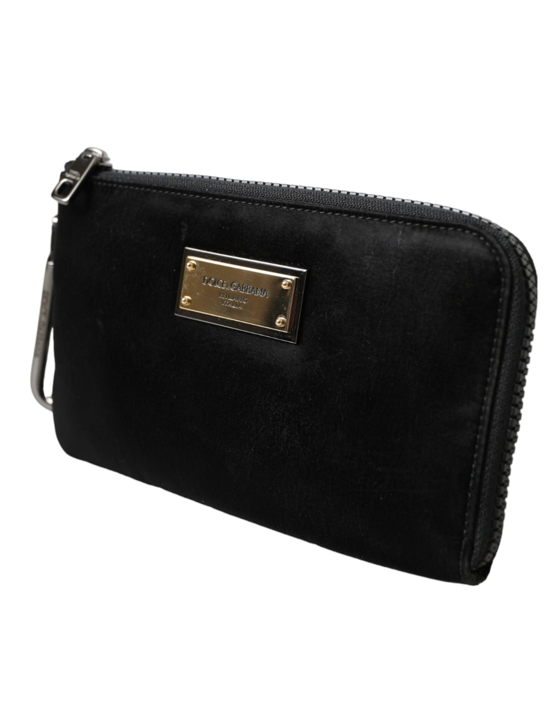 Dolce &amp; Gabbana – Schwarze Clutch aus Nylon mit Logo-Schild und Schlüsselring