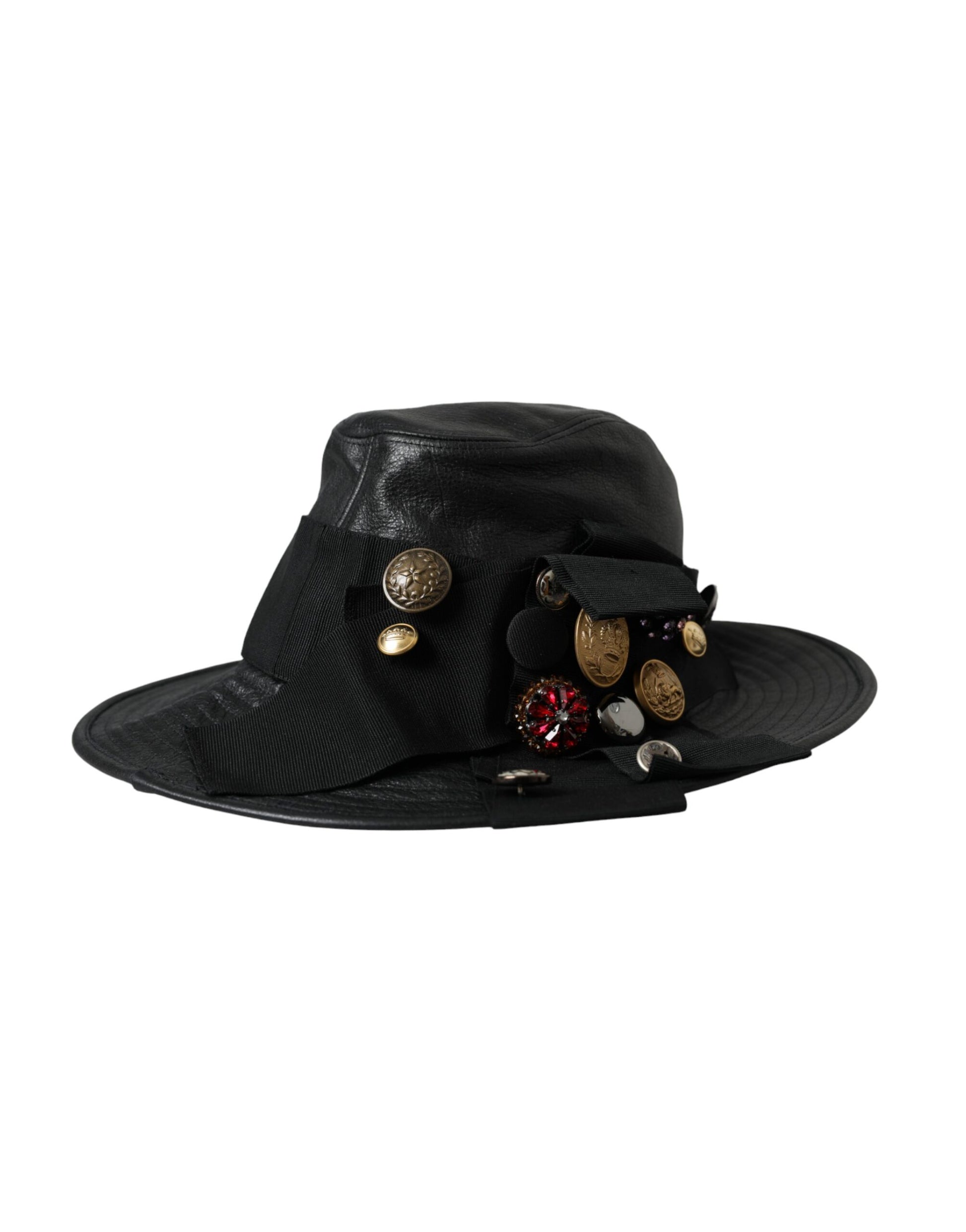 Chapeau à large bord Dolce & Gabbana en cuir noir DG orné de cristaux