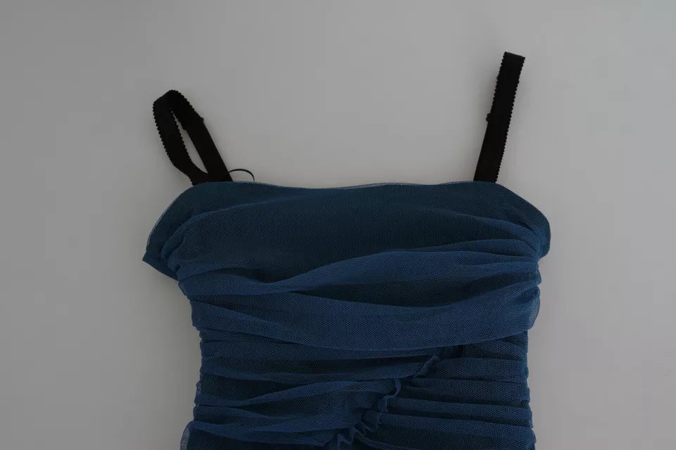 Robe fourreau midi en tulle drapé bleu de coton Dolce & Gabbana