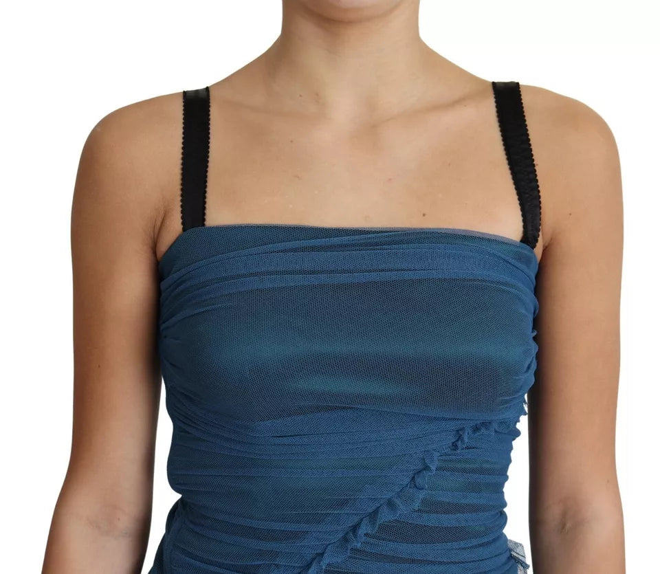 Robe fourreau midi en tulle drapé bleu de coton Dolce & Gabbana
