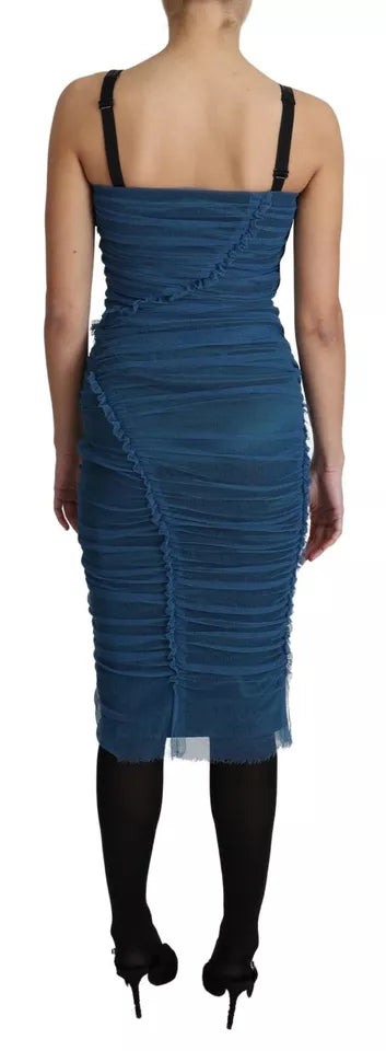 Robe fourreau midi en tulle drapé bleu de coton Dolce & Gabbana