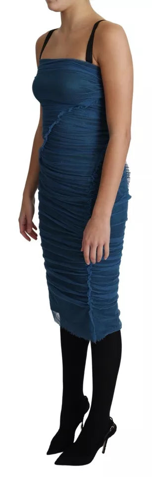 Robe fourreau midi en tulle drapé bleu de coton Dolce & Gabbana