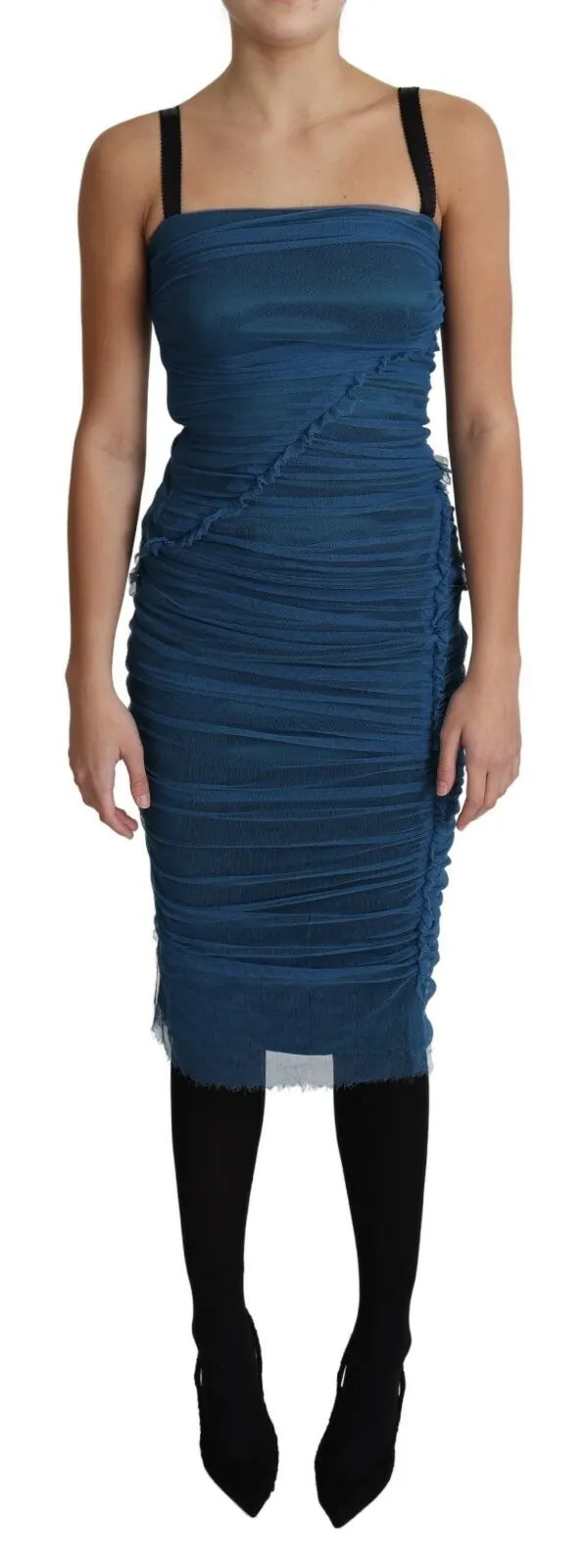 Robe fourreau midi en tulle drapé bleu de coton Dolce & Gabbana
