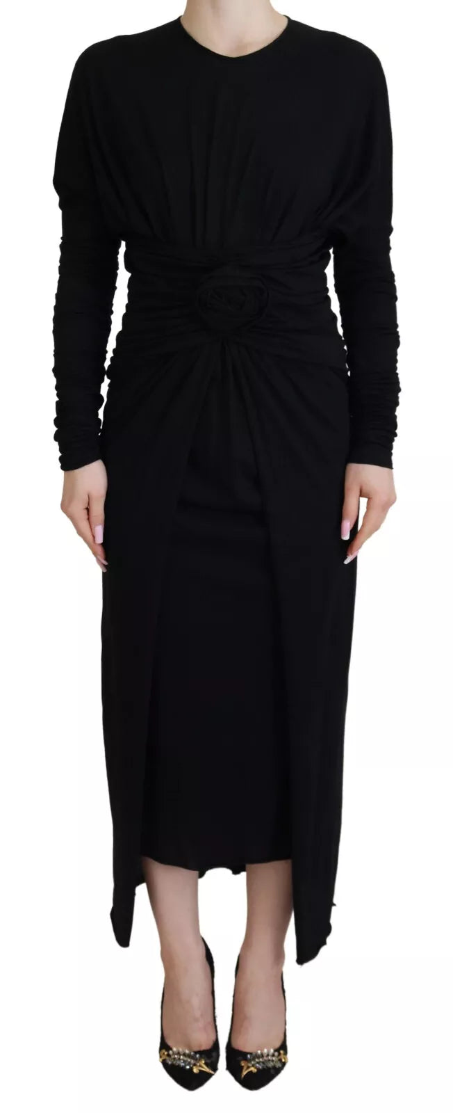 Robe portefeuille fourreau mi-longue en laine noire Dolce & Gabbana