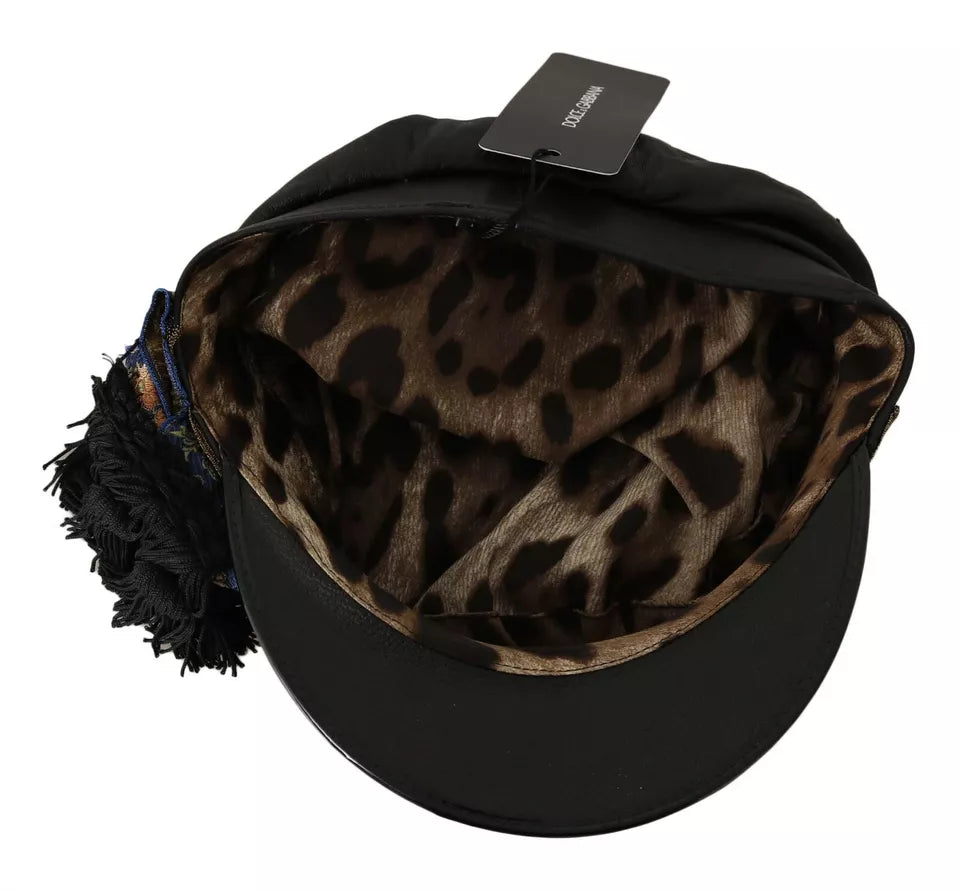 Casquette de marin Dolce & Gabbana en cuir noir, perles de cristal et ruban doré