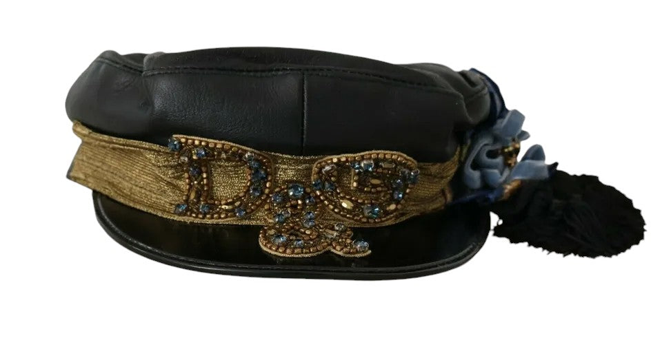 Casquette de marin Dolce & Gabbana en cuir noir, perles de cristal et ruban doré