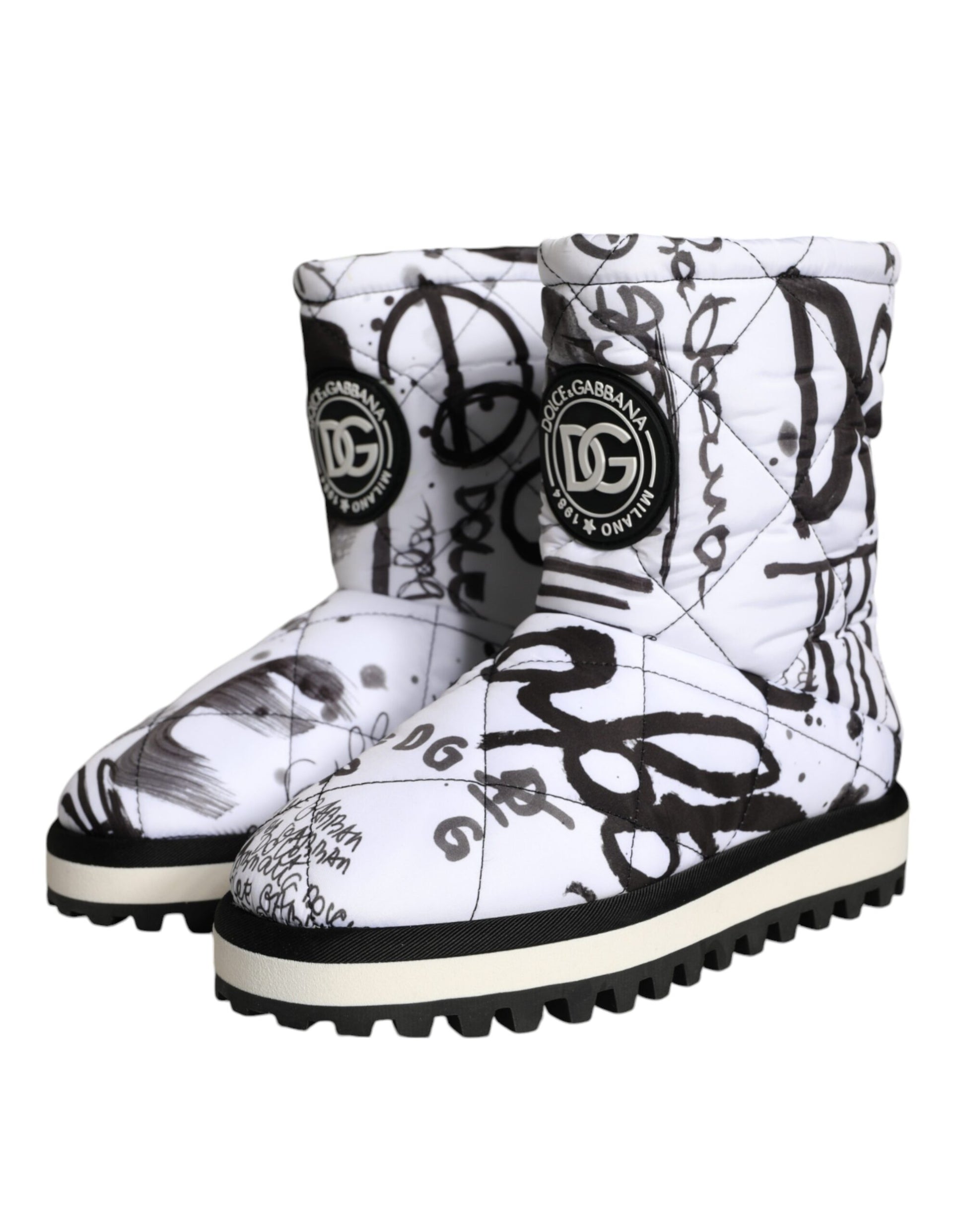 Dolce & Gabbana Bottes Mi-Mollet Blanches Matelassées à Logo Imprimé Chaussures