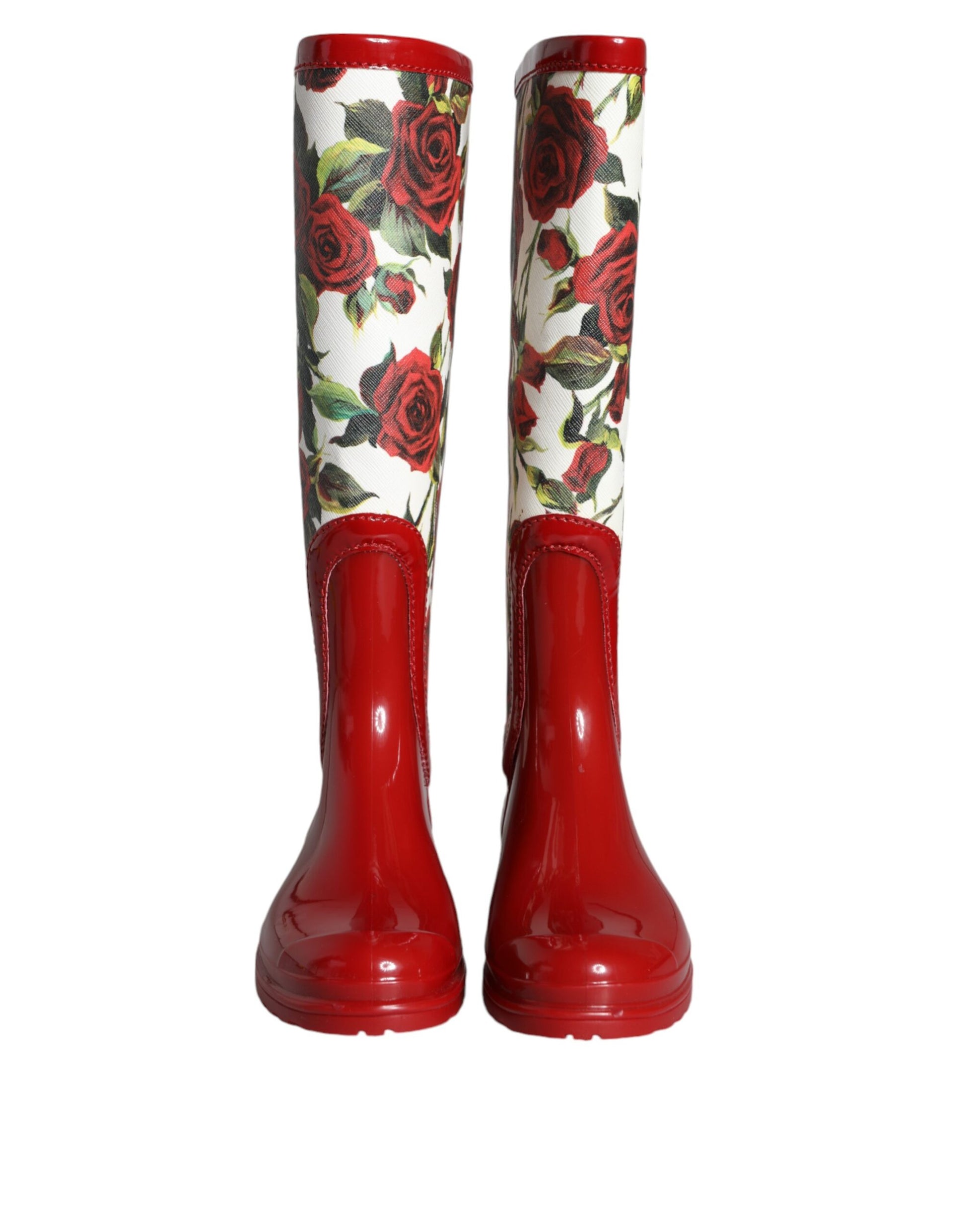 Bottes plates hautes en caoutchouc rouge à fleurs Dolce & Gabbana