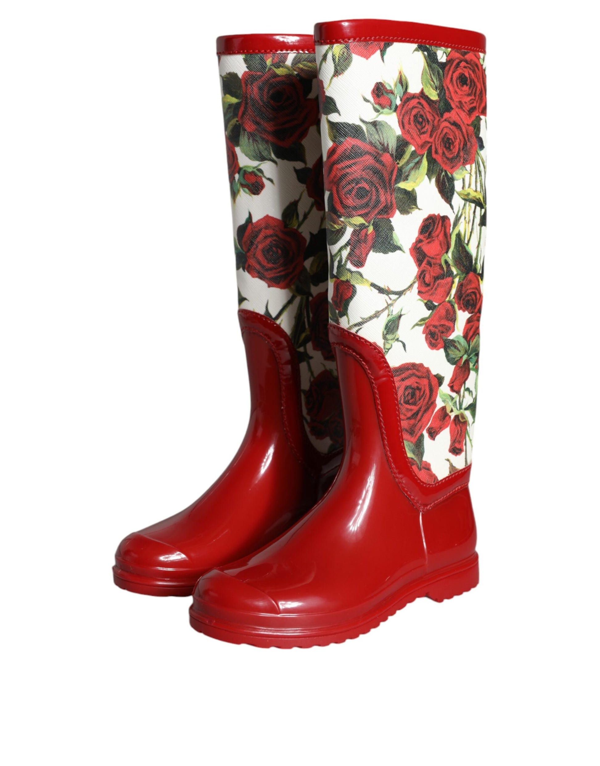 Bottes plates hautes en caoutchouc rouge à fleurs Dolce & Gabbana