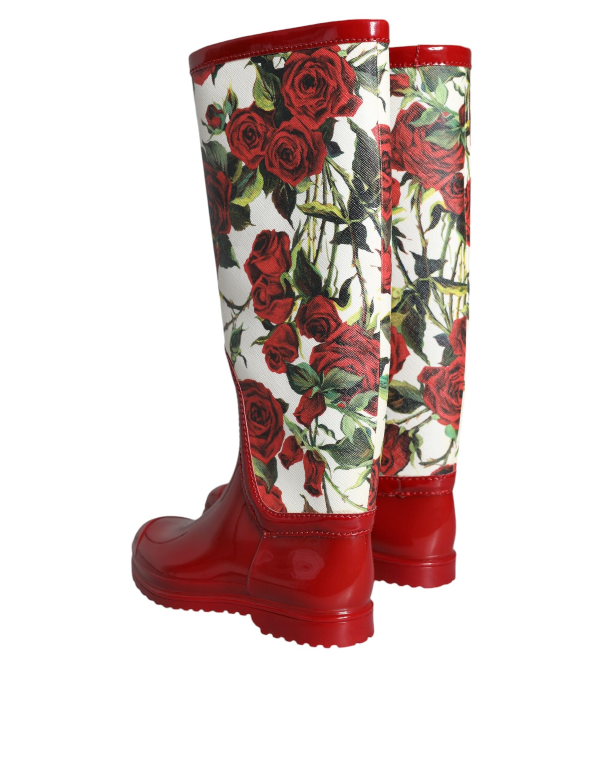 Bottes plates hautes en caoutchouc rouge à fleurs Dolce & Gabbana