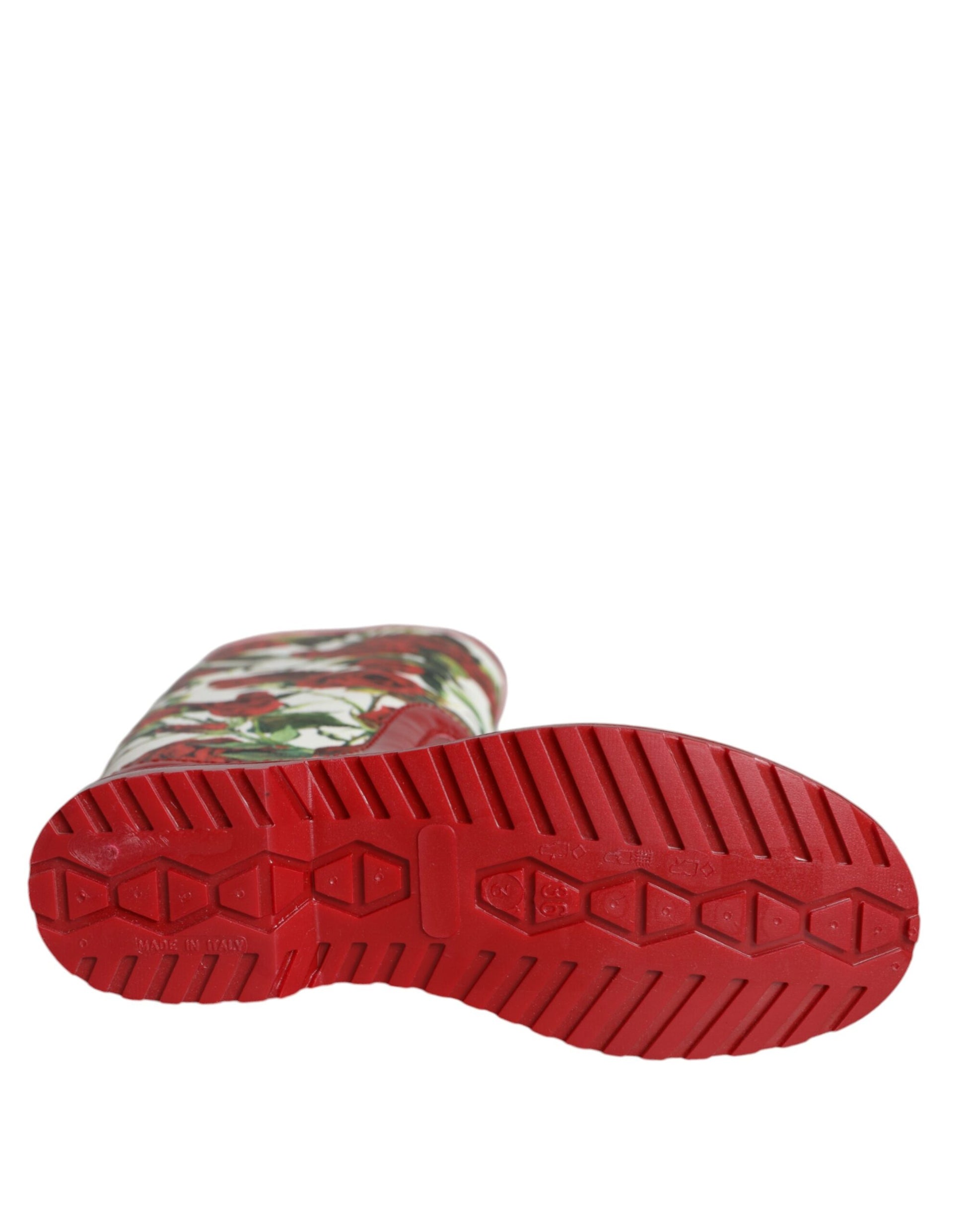 Bottes plates hautes en caoutchouc rouge à fleurs Dolce & Gabbana
