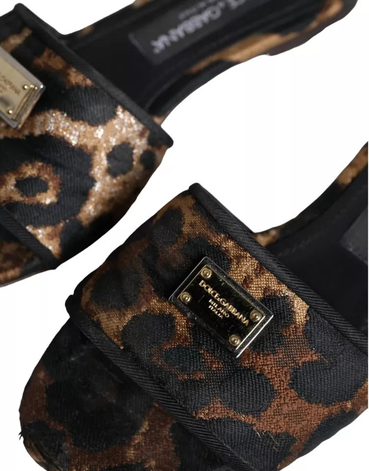 Dolce & Gabbana Claquettes Plates Léopard Marron à Logo Sandales Chaussures