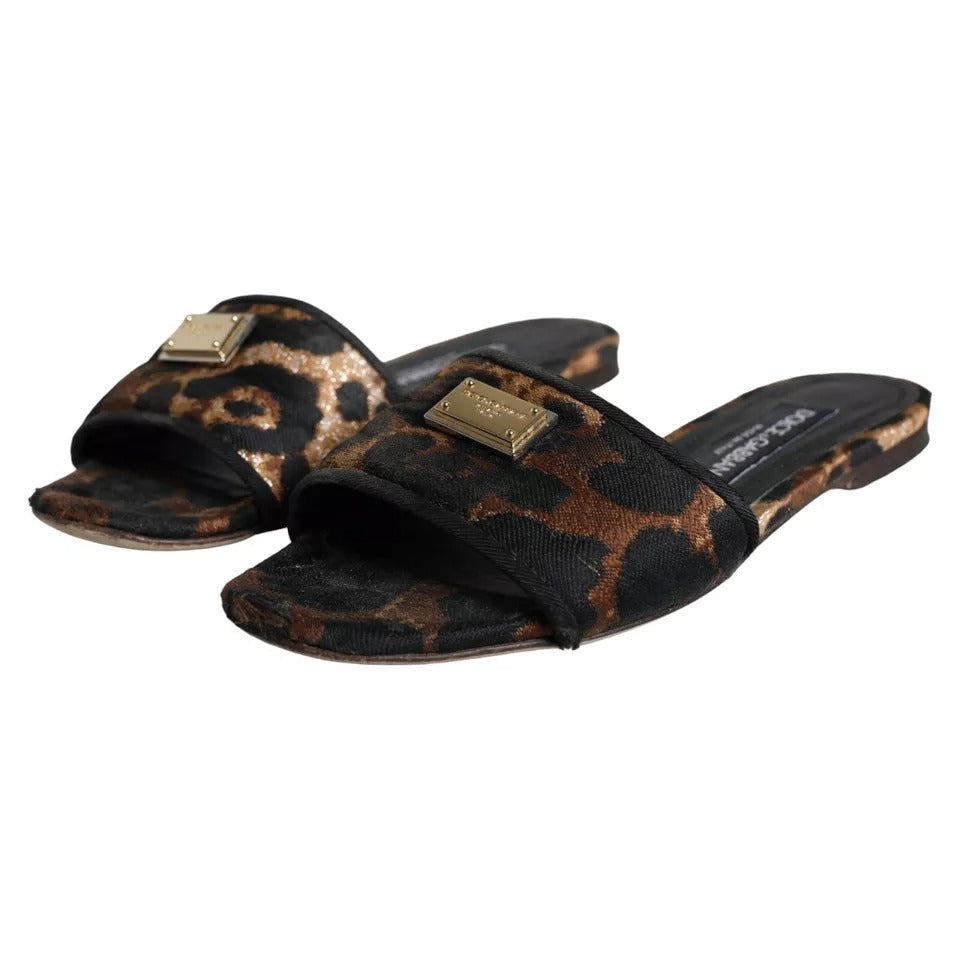 Dolce & Gabbana Claquettes Plates Léopard Marron à Logo Sandales Chaussures