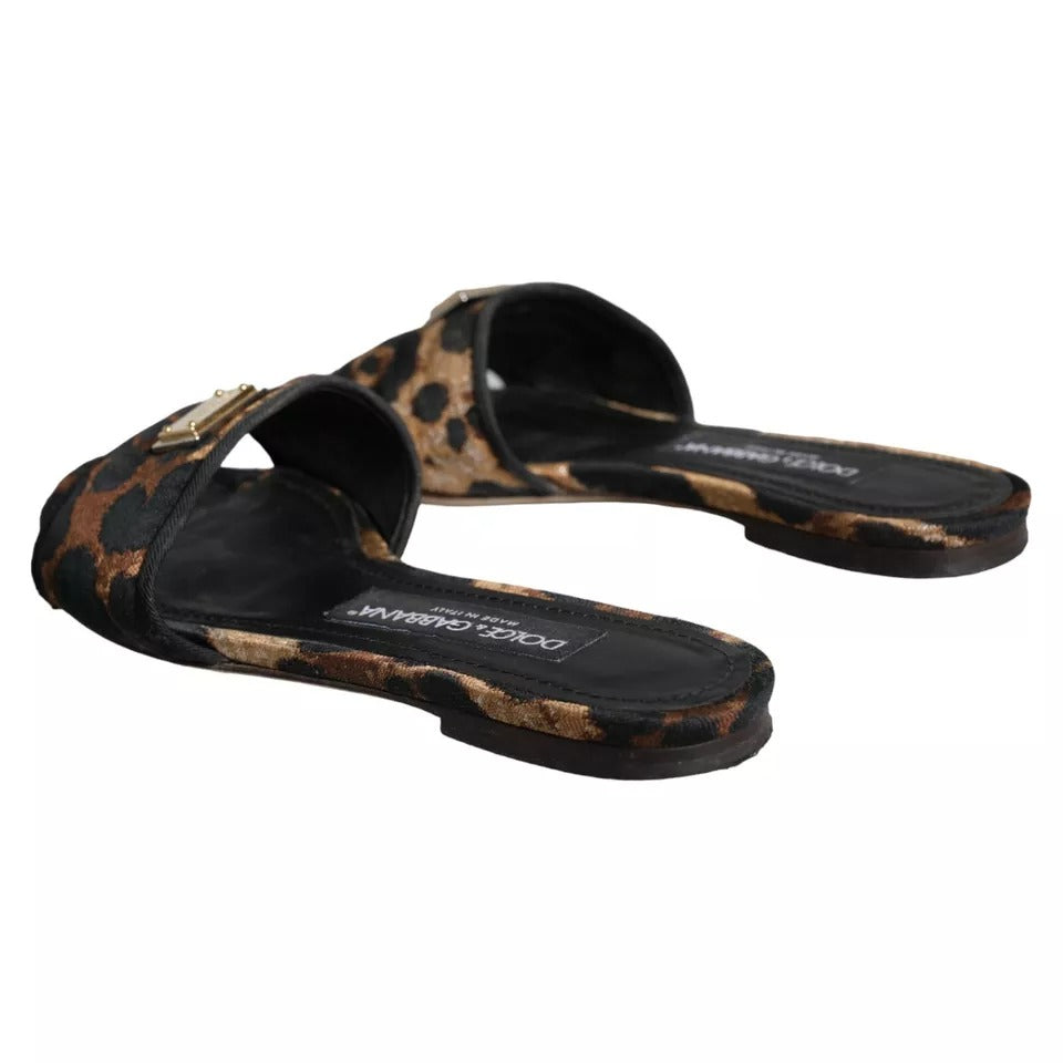 Dolce & Gabbana Claquettes Plates Léopard Marron à Logo Sandales Chaussures