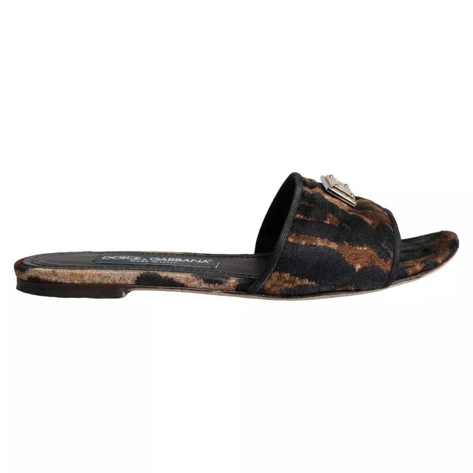 Dolce & Gabbana Claquettes Plates Léopard Marron à Logo Sandales Chaussures