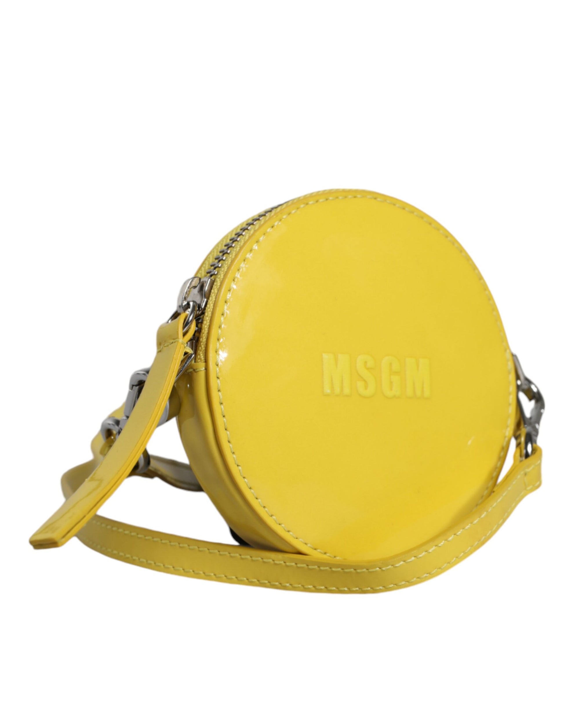 Runde Umhängetasche aus gelbem Leder mit Logo von MSGM