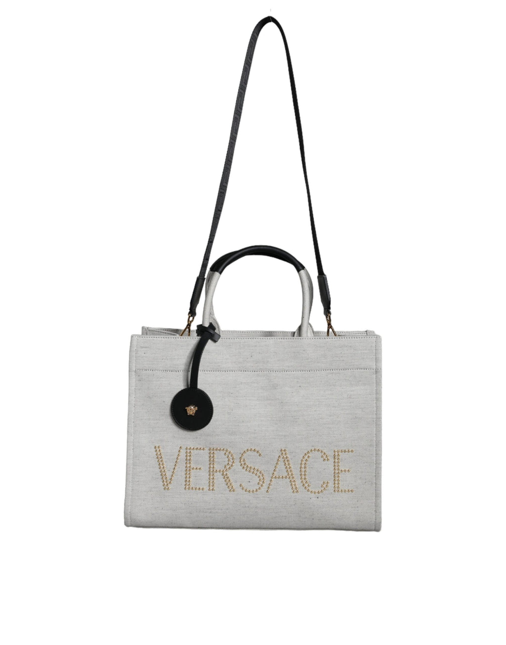 Sac cabas/bandoulière Versace blanc en toile et cuir avec logo et poignée supérieure