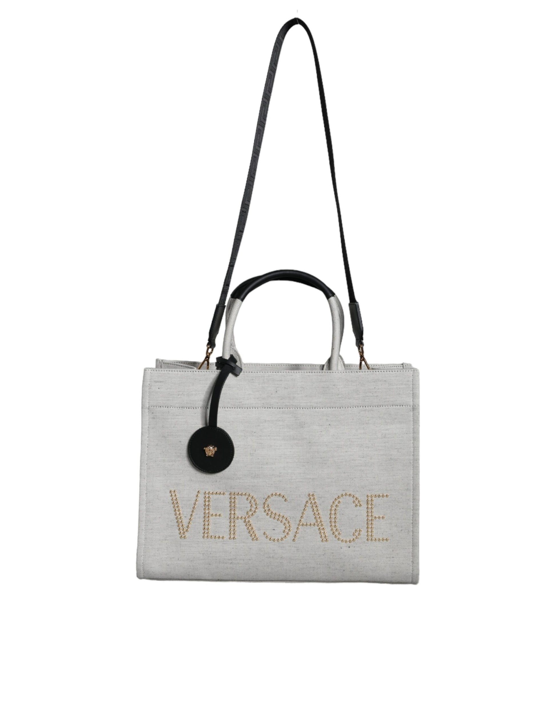 Sac cabas/bandoulière Versace blanc en toile et cuir avec logo et poignée supérieure