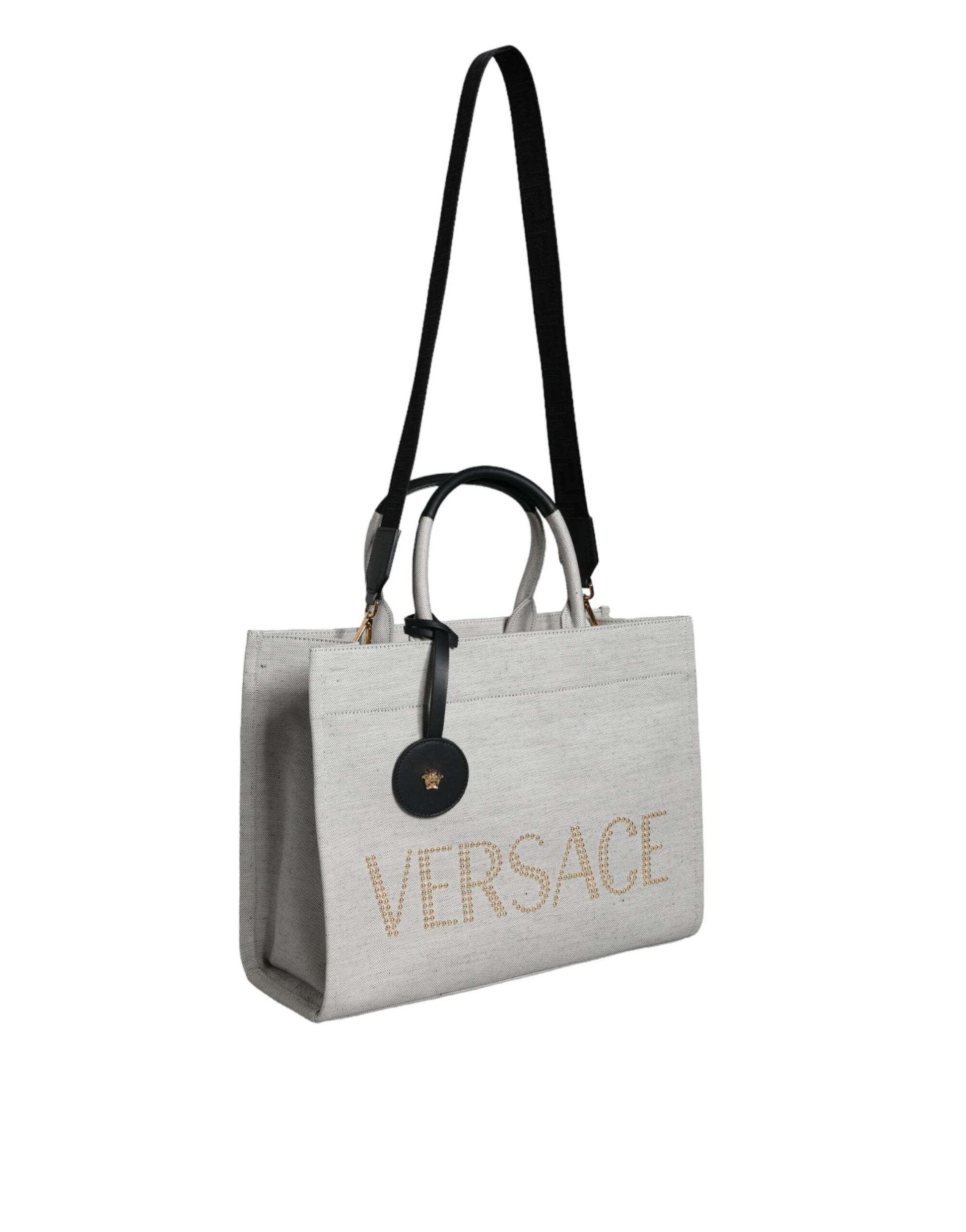 Sac cabas/bandoulière Versace blanc en toile et cuir avec logo et poignée supérieure