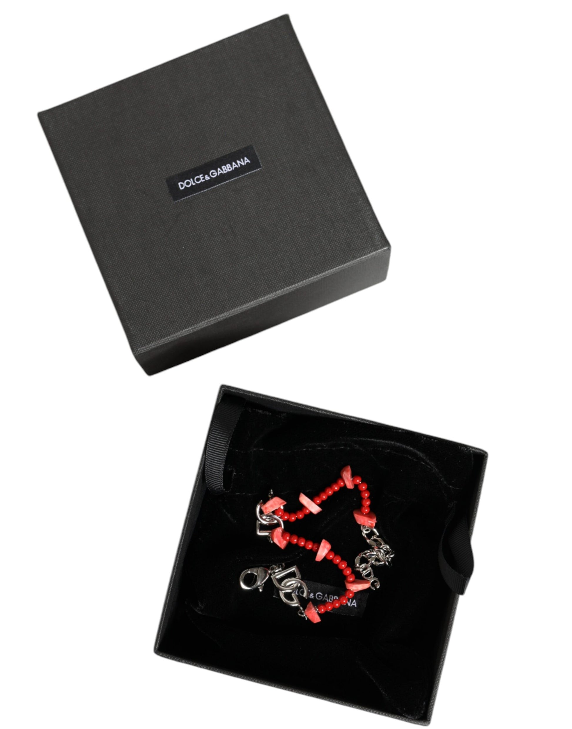 Dolce &amp; Gabbana – Silberfarbenes Kettenarmband mit DG-Logo und Perlen aus Kunstharz