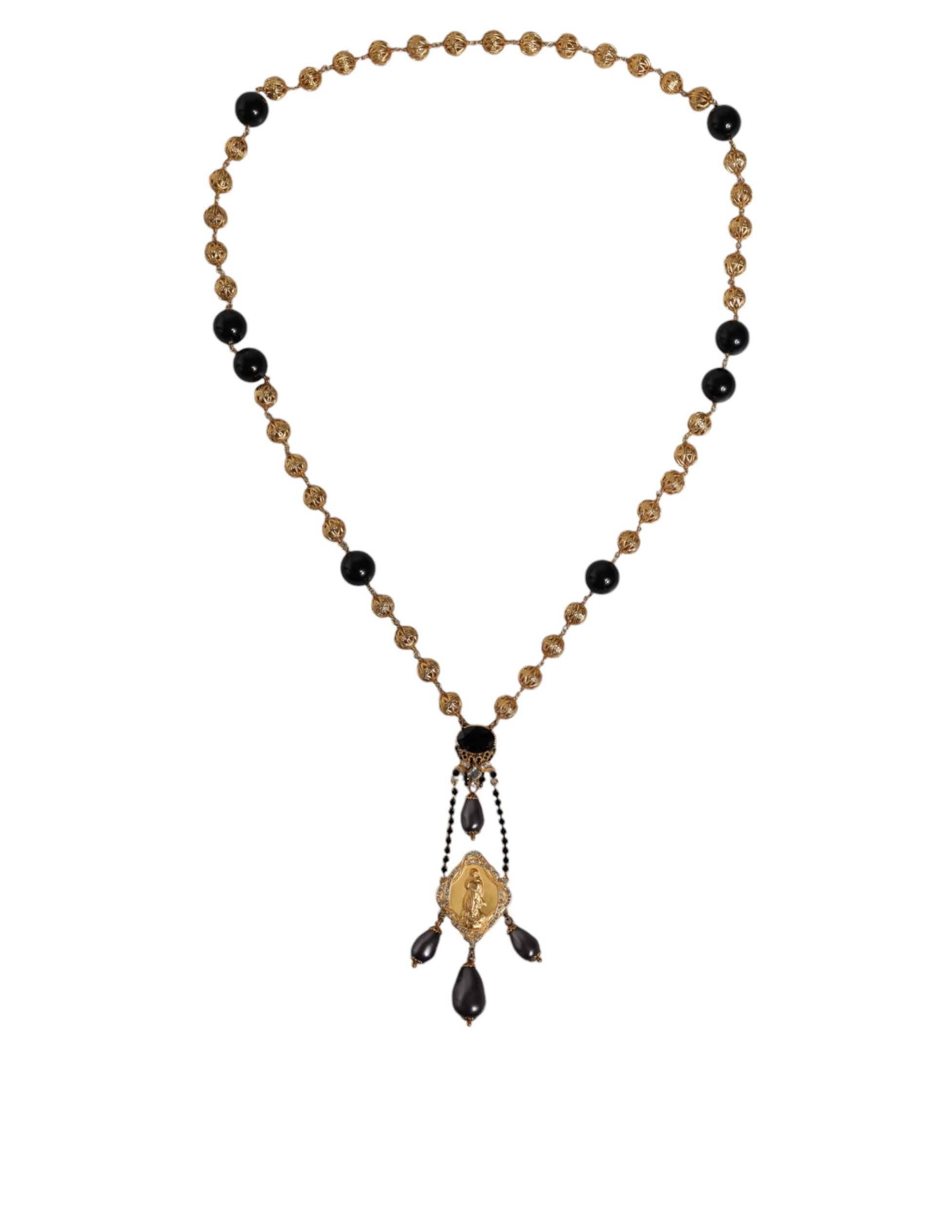 Dolce &amp; Gabbana – Halskette im Rosenkranz-Stil mit goldener Kette und schwarzen Perlen