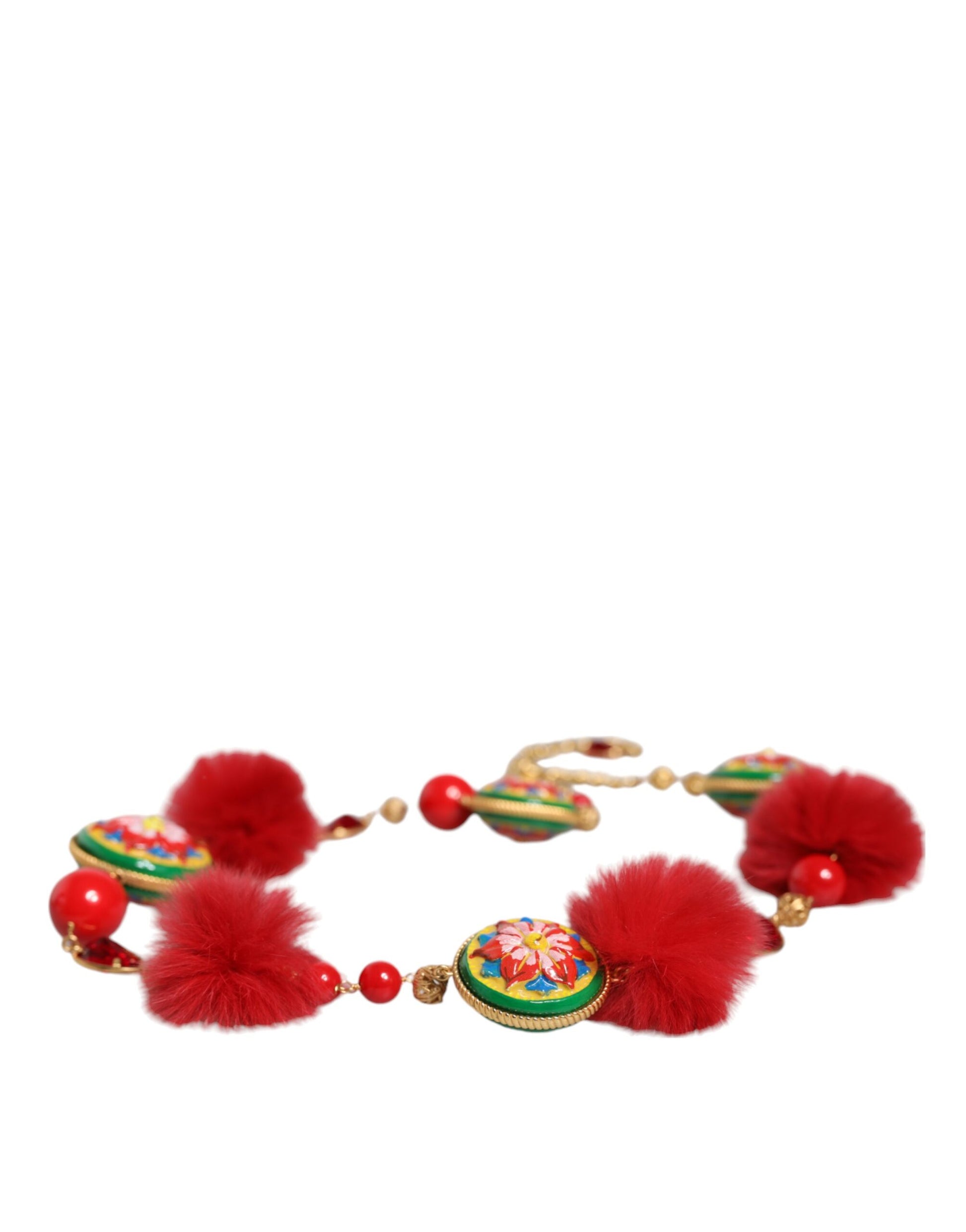 Ceinture Torero Dolce & Gabbana en laiton doré, fourrure rouge et cristaux