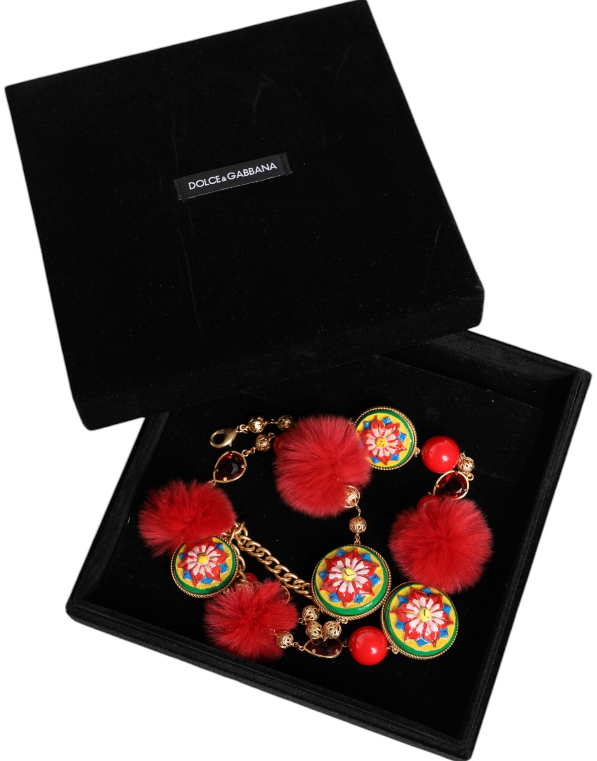 Ceinture Torero Dolce & Gabbana en laiton doré, fourrure rouge et cristaux