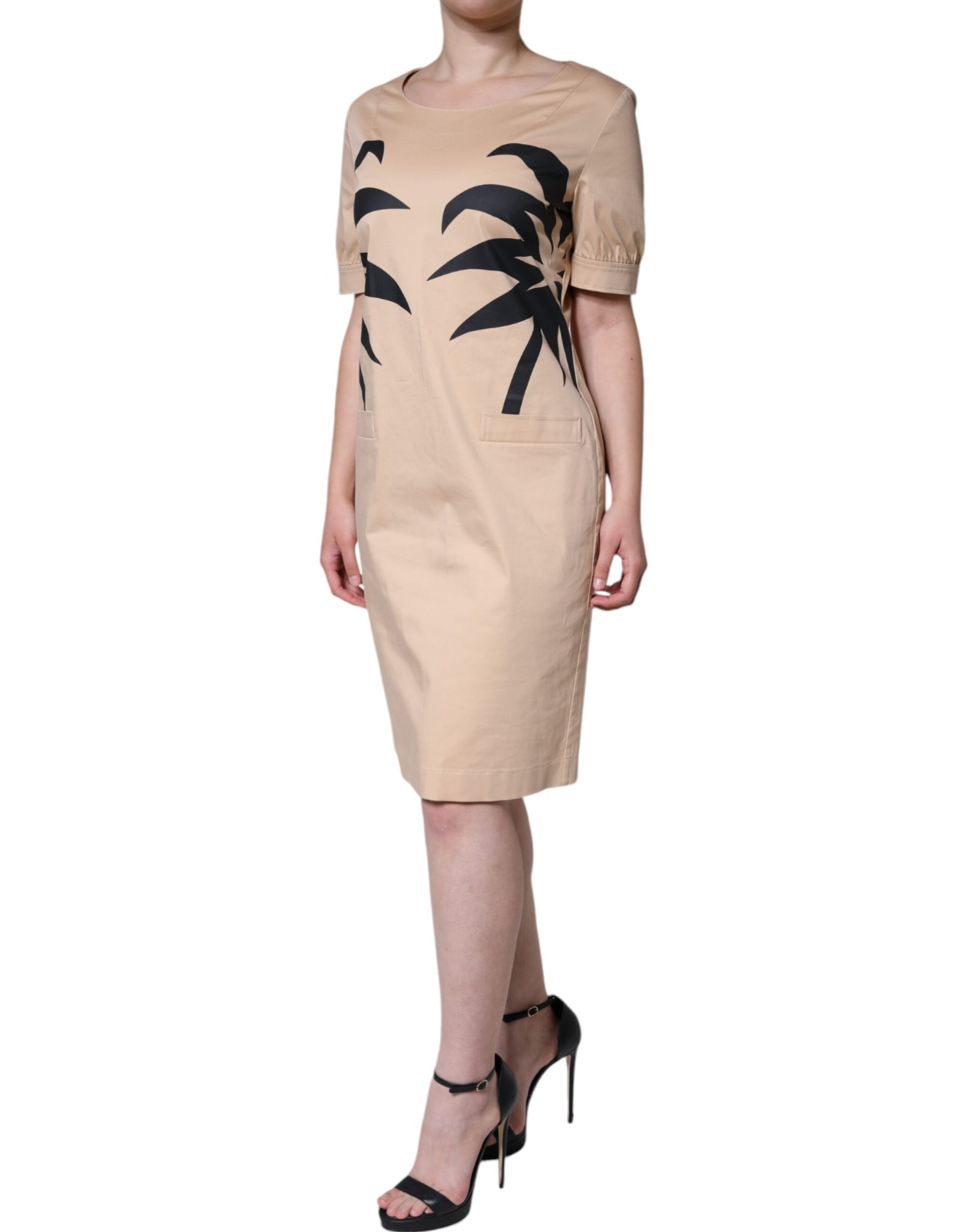 Moschino Beiges, kurzärmliges, knielanges Baumwollkleid