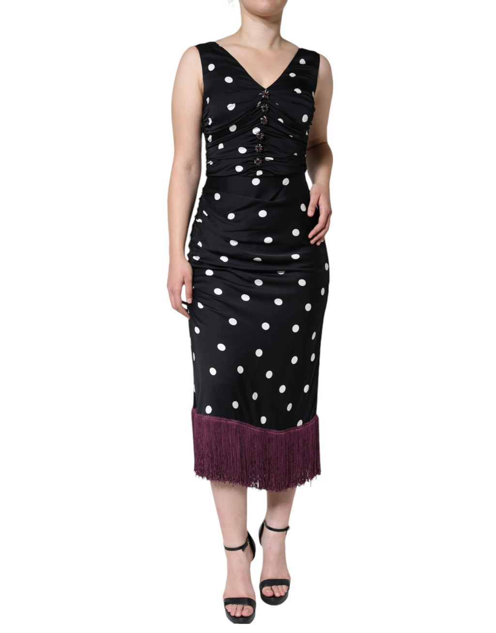 Robe midi Dolce & Gabbana noire en soie à pois, col en V et pampilles