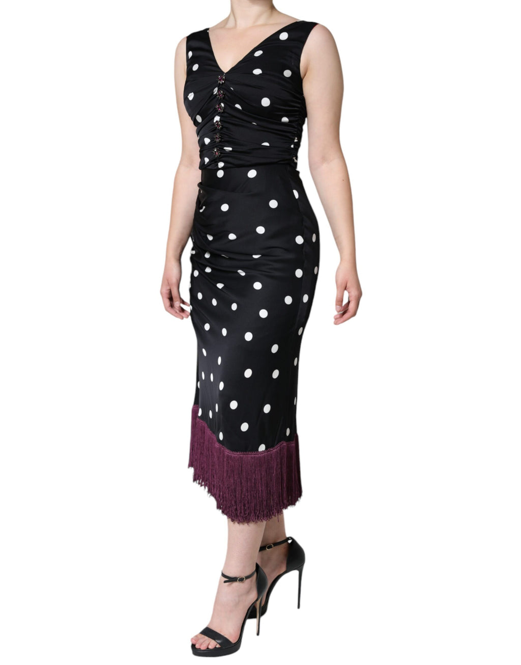 Robe midi Dolce & Gabbana noire en soie à pois, col en V et pampilles
