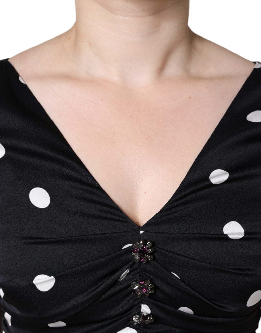Robe midi Dolce & Gabbana noire en soie à pois, col en V et pampilles