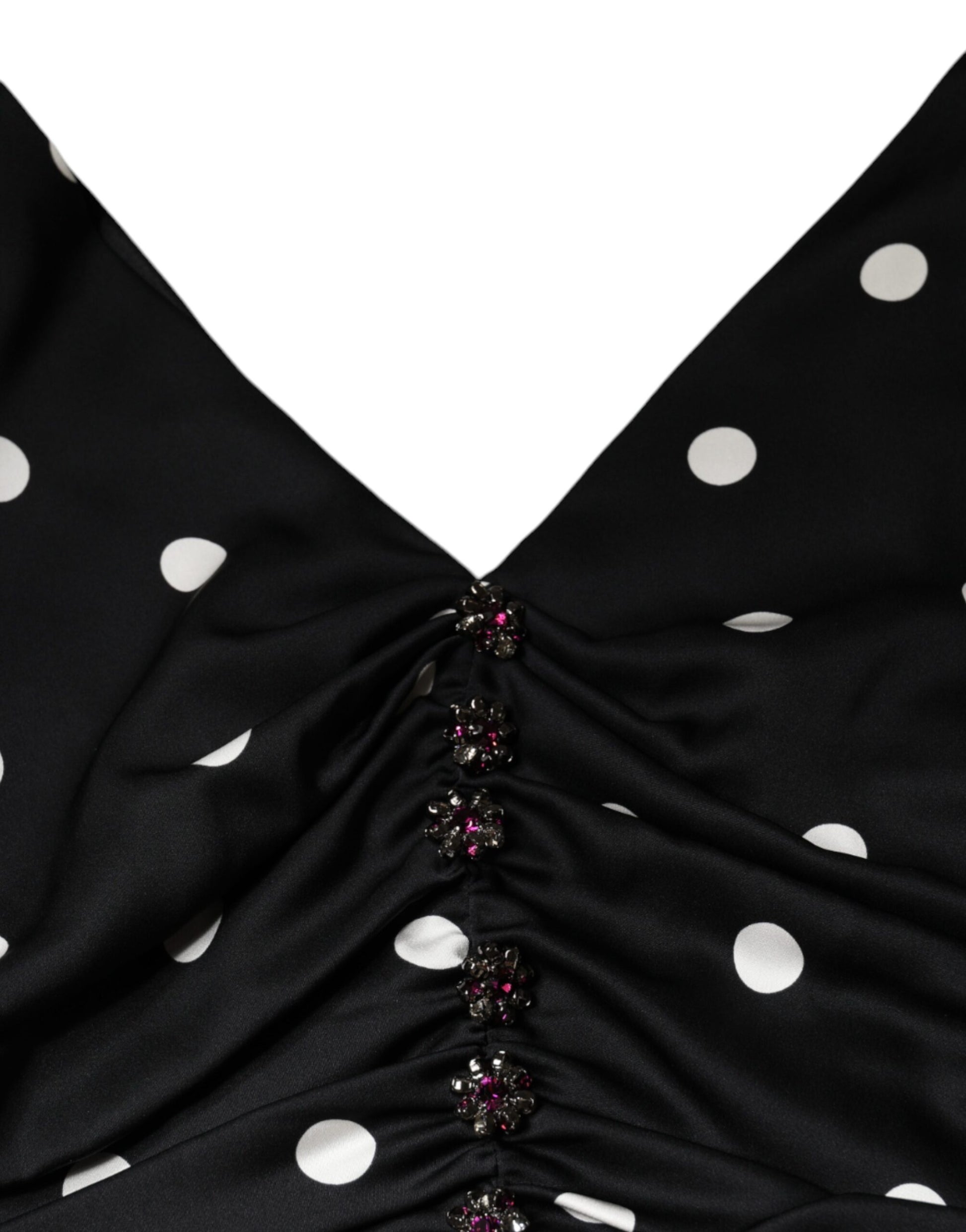 Robe midi Dolce & Gabbana noire en soie à pois, col en V et pampilles