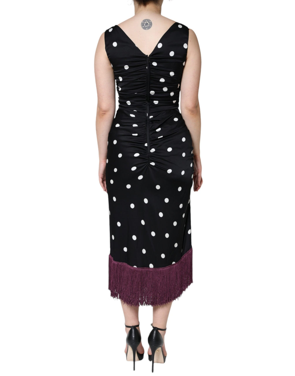 Robe midi Dolce & Gabbana noire en soie à pois, col en V et pampilles