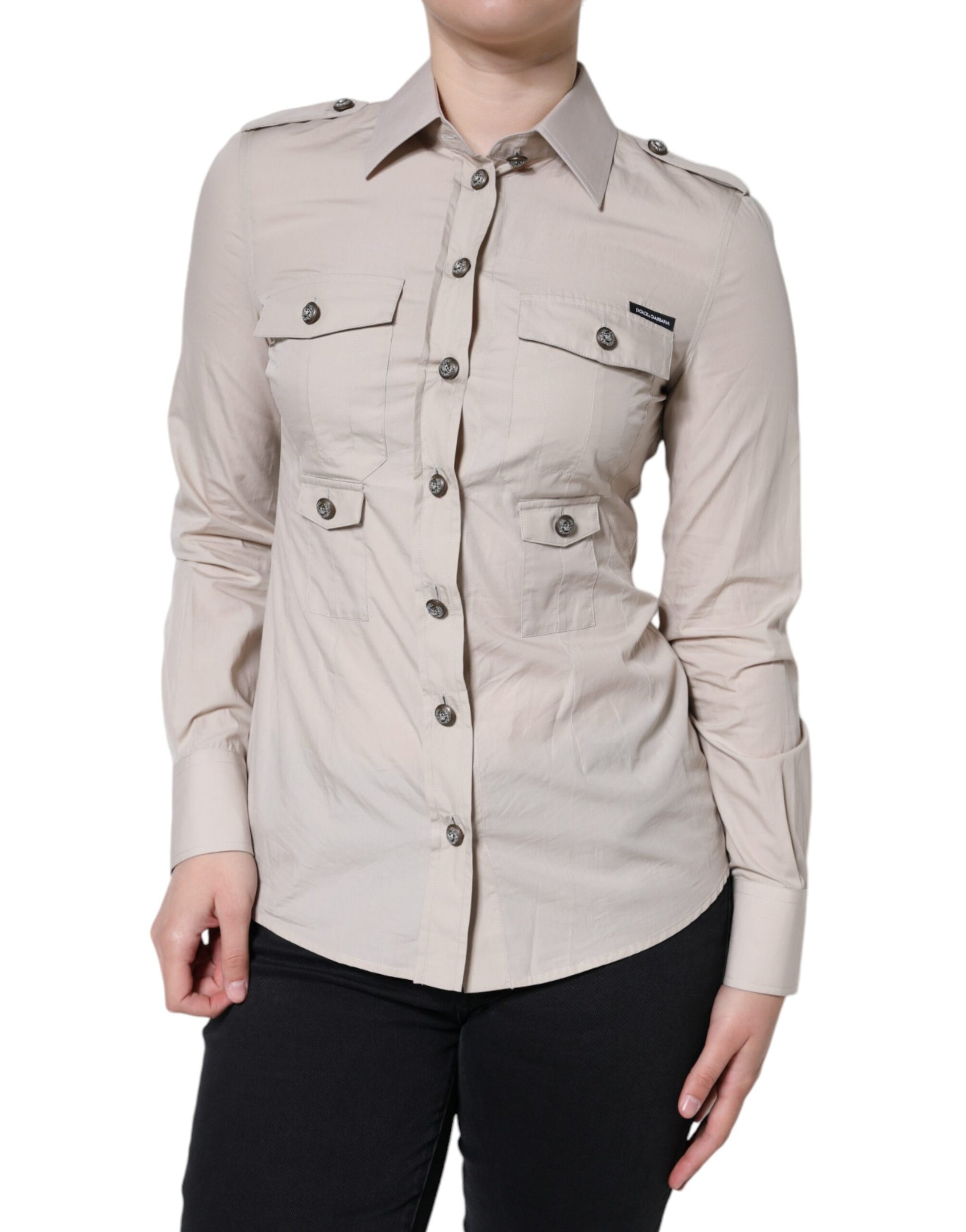 Haut chemise boutonné à col en coton beige Dolce & Gabbana