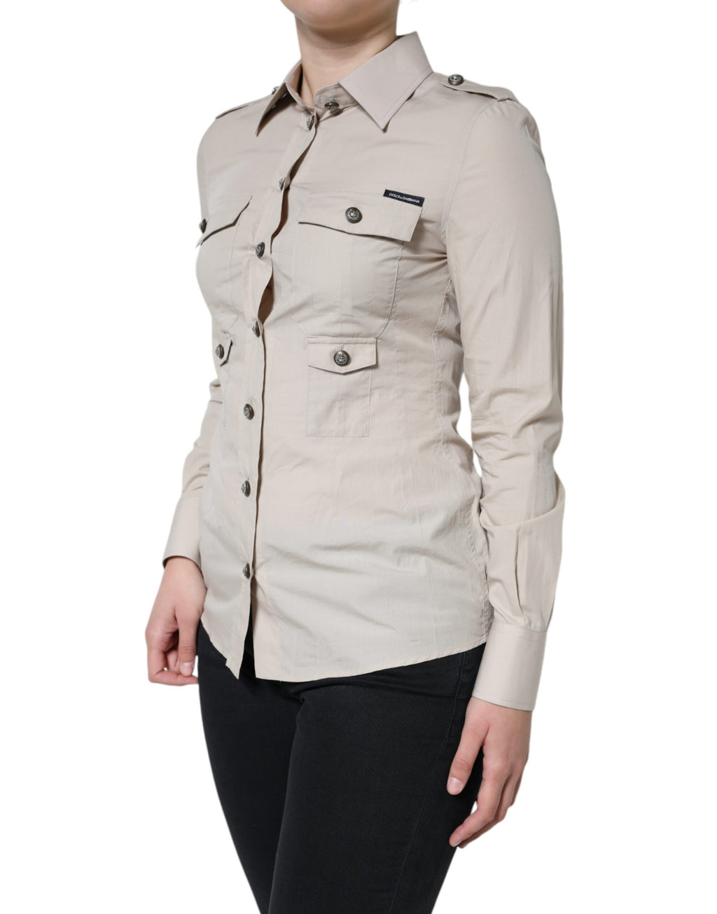 Haut chemise boutonné à col en coton beige Dolce & Gabbana