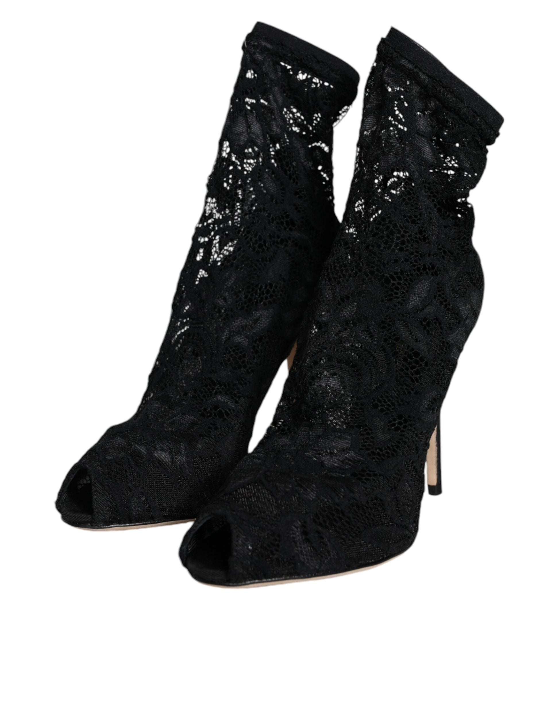 Chaussures Bottes Mi-Mollet Dolce & Gabbana en Dentelle Noire Extensible à Talons