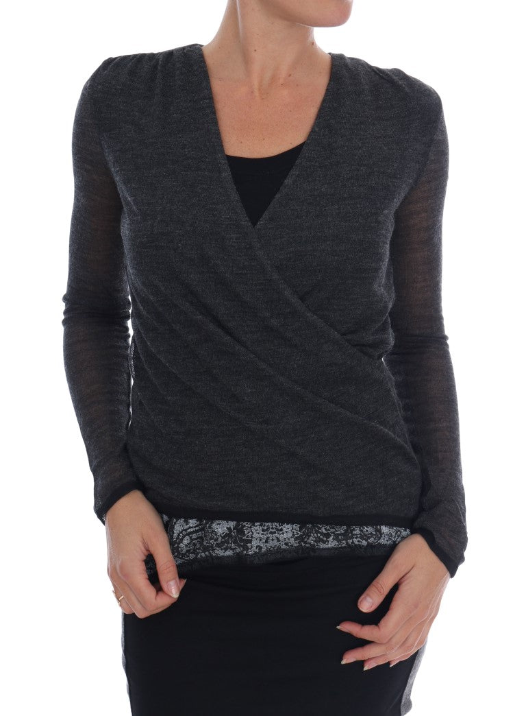 T-shirt manches longues Ermanno Scervino en laine grise avec dentelle