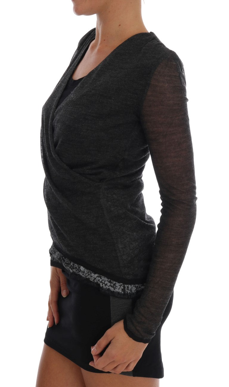 T-shirt manches longues Ermanno Scervino en laine grise avec dentelle