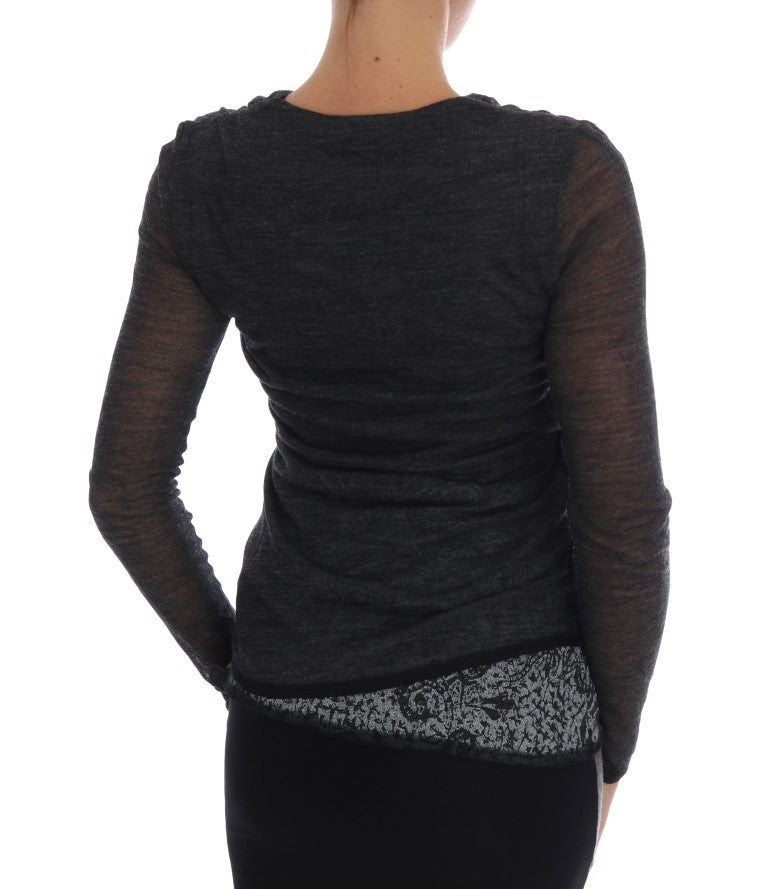 T-shirt manches longues Ermanno Scervino en laine grise avec dentelle