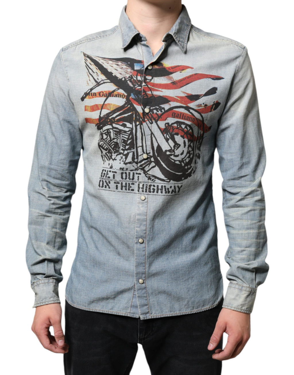 Chemise en jean de coton imprimé bleu clair à manches longues John Galliano