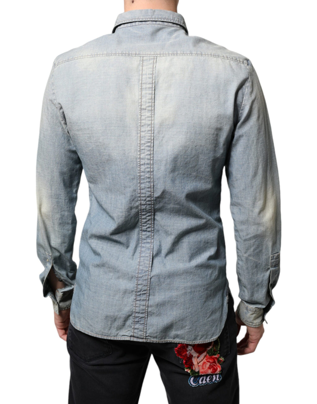 Chemise en jean de coton imprimé bleu clair à manches longues John Galliano