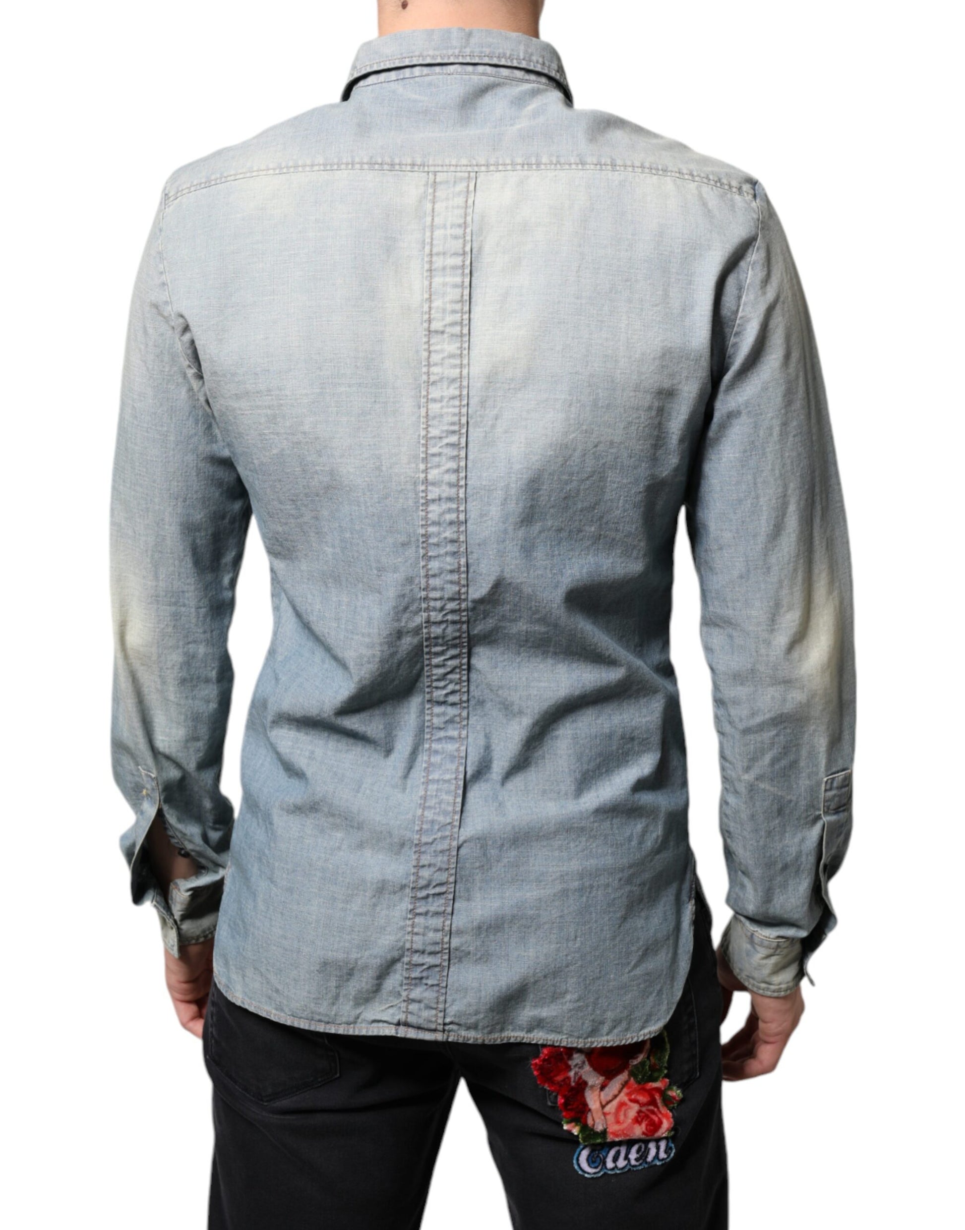 Chemise en jean de coton imprimé bleu clair à manches longues John Galliano